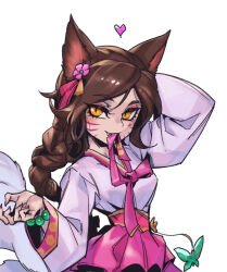 Rule 34 | 1girl, ahri (league of legends), animal ears, arm behind head, bead bracelet, beads, bow, bowtie, bracelet, braid, breasts, brown hair, butterfly ornament, fang, flower, fox ears, fox tail, hair flower, hair ornament, heart, jewelry, large breasts, league of legends, long hair, long sleeves, looking at viewer, mouth hold, orange eyes, phantom ix row, pink bow, pink bowtie, pink flower, simple background, slit pupils, solo, tail, white background