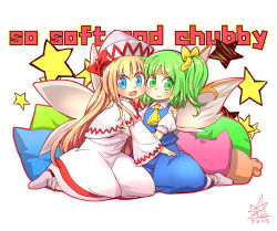 Rule 34 | 2girls, blonde hair, blue dress, blue eyes, bow, capelet, closed mouth, collared shirt, daiyousei, dress, english text, fairy, fairy wings, green eyes, green hair, hair bow, hat, hat bow, highres, hug, lily white, long hair, long sleeves, looking at viewer, multiple girls, open mouth, pillow, puffy short sleeves, puffy sleeves, red bow, red neckwear, seiza, shirt, short hair, short sleeves, side ponytail, signature, simple background, sitting, smile, socks, star (symbol), touhou, umigarasu (kitsune1963), white background, white capelet, white dress, white headwear, white legwear, white shirt, white sleeves, wide sleeves, wings, yellow bow, yellow neckwear