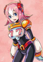 Rule 34 | 1girl, android, armor, bad id, bad pixiv id, belt, bent over, blue eyes, blush, bodysuit, breasts, capcom, dated, gloves, gradient background, hair between eyes, headgear, highres, large breasts, looking at viewer, looking to the side, mega man (series), mega man x: command mission, mega man x (series), multicolored hair, nana (mega man x: command mission), open mouth, pink hair, power armor, short hair, signature, smile, sumomo, teeth, two-tone hair