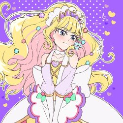 Rule 34 | 1girl, apron, back bow, blonde hair, blue eyes, blunt bangs, bow, choker, commentary request, cure finale, delicious party precure, earrings, hair ornament, high ponytail, highres, huge bow, jewelry, kasai amane, long hair, magical girl, precure, recipipi, smile, solo, star (symbol), star hair ornament, white bow, white choker, wide ponytail, yufu kyouko