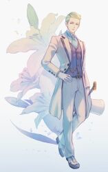 Rule 34 | 1boy, absurdres, ace attorney, ashley graydon, belt, blonde hair, blue eyes, blue necktie, buttons, cane, closed mouth, flower, formal, full body, gloves, gradient background, highres, holding, holding cane, male focus, necktie, pants, plaid, plaid shirt, shirt, short hair, solo, suit, the great ace attorney, tsuki (applebeniakari), walking, white background, white gloves, white pants, white suit
