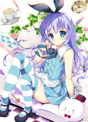Rule 34 | 1girl, :3, :o, angora rabbit, animal, animal print, apron, bare shoulders, black footwear, black hat, black ribbon, blue bow, blue bowtie, blue dress, blue eyes, blue thighhighs, blush, book, bow, bowtie, buttons, card, clockwork, cream, cup, dress, emblem, fingernails, full body, gem, gochuumon wa usagi desu ka?, hair ornament, hair ribbon, hat, ivy, kafuu chino, key, lace, lace-trimmed skirt, lace trim, leaf, light purple hair, long hair, looking at viewer, mary janes, mikeou, open book, oversized object, pages, paper, parted lips, plant, playing card, pointy ears, rabbit, rabbit print, red bow, red bowtie, red gemstone, ribbon, roman numeral, saucer, shiny skin, shoes, sitting, skirt, sleeveless, sleeveless dress, smile, solo, spoon, striped clothes, striped thighhighs, tareme, teacup, text focus, thighhighs, thighs, tippy (gochiusa), tippy (gochuumon wa usagi desuka?), top hat, very long hair, waist apron, white thighhighs, wrist cuffs, x hair ornament