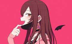 Rule 34 | 1girl, alstroemeria (idolmaster), bandaid, bandaid on neck, black choker, black shirt, blush, breasts, brown hair, choker, collarbone, detached wings, english text, facial tattoo, facing to the side, fangs, hair between eyes, highres, idolmaster, idolmaster shiny colors, jacket, kenken (keuken), lace, lace choker, looking at viewer, looking to the side, mask pull, medium breasts, meme, off shoulder, open mouth, osaki amana, patterned hair, pink background, pink jacket, portrait, shirt, simple background, sleeveless, sleeveless shirt, solo, tattoo, teeth, tongue, vampire, wings, yellow eyes
