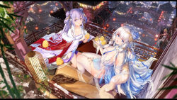 Rule 34 | 4girls, alternate costume, alternate hairstyle, architecture, azur lane, blonde hair, blue eyes, blue flower, breasts, bridge, cleavage, double bun, dress, east asian architecture, feather boa, flower, formidable (azur lane), from above, gloves, grey hair, hair bun, hair flower, hair ornament, half gloves, highres, illustrious (azur lane), lantern, large breasts, laurel crown, long hair, looking at viewer, looking up, manjuu (azur lane), multiple girls, paper lantern, purple eyes, purple hair, red dress, sitting, swd3e2, thighhighs, twintails, unicorn (azur lane), very long hair, victorious (azur lane), white gloves, white hair, white thighhighs