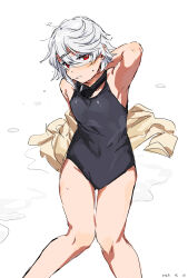 Rule 34 | 1girl, absurdres, alternate costume, armpits, bare legs, bare shoulders, black one-piece swimsuit, dated, eye mask, feet out of frame, grey hair, hair between eyes, highres, one-piece swimsuit, red eyes, short hair, shy (character), shy (series), simple background, sitting, solo, swimsuit, takatisakana, wet