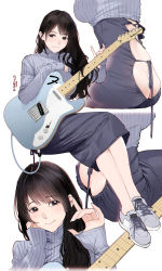 Rule 34 | 1girl, absurdres, ass, backless dress, backless outfit, bare legs, black eyes, black hair, blue dress, blue sweater, butt crack, dress, electric guitar, fender (company), guitar, guitar little sister (hitomi o), highres, hitomi o, instrument, long hair, long sleeves, multiple views, original, parted bangs, ribbed sweater, shoes, sitting, sneakers, sweater, turtleneck, turtleneck sweater
