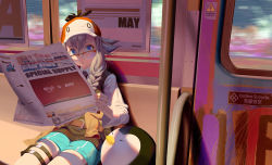Rule 34 | 1girl, aqua shorts, arknights, baseball cap, bird, bison (arknights), black necktie, blue eyes, blush, braid, brown vest, cameo, character name, chinese commentary, chinese text, collared shirt, commentary, dress shirt, english text, eyelashes, glasses, hat, highres, holding, holding newspaper, kfc, logo, looking at viewer, looking over eyewear, may (arknights), may (elite ii) (arknights), medium hair, necktie, newspaper, open mouth, orange hat, parted lips, penguin, red-framed eyewear, semi-rimless eyewear, shirt, short shorts, shorts, side braid, silver hair, sitting, solo, thigh strap, thighs, train interior, two-tone headwear, vest, white hat, white shirt, yetecong