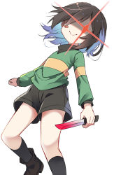 Rule 34 | 1other, androgynous, black legwear, brown hair, brown shorts, chara (undertale), e.o., glowing, glowing eye, green shirt, hair over one eye, highres, holding, holding knife, knife, loafers, long sleeves, red eyes, shirt, shoes, shorts, simple background, smile, socks, striped clothes, striped shirt, undertale, white background