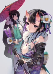 1boy 1girl arrow_(projectile) black_eyes black_hair blue_hair breasts brother_and_sister coat flower fur_collar fur_trim gloves hair_flower hair_ornament hamaya horns japanese_clothes kanzashi kimono looking_at_viewer multicolored_hair oil-paper_umbrella oni original purple_eyes purple_hair siblings siiqa_vivi simple_background skin-covered_horns small_breasts step-siblings streaked_hair two-tone_hair umbrella