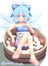 Rule 34 | 1girl, alternate costume, blue eyes, blue hair, blush, bow, bucket, cirno, crossed legs, dress, feet, flip-flops, full body, gradient background, hair bow, hair ornament, hair ribbon, highres, ice, ice wings, in bucket, in container, koutetu bouya, looking at viewer, matching hair/eyes, partially submerged, ribbon, sandals, shirt, short hair, sitting, skirt, sleeveless, smile, solo, sweat, touhou, twitter username, water, wings