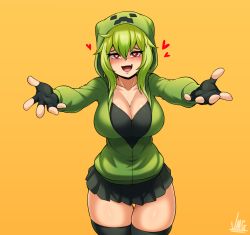 Rule 34 | 1girl, black skirt, black thighhighs, blush, breasts, creeparka, creeper, fang, green hair, heart, heart-shaped pupils, highres, hood, hoodie, incoming hug, jmg, large breasts, looking at viewer, meme, minecraft, miniskirt, my little pogchamp (meme), narrow waist, nose blush, outstretched arms, personification, pleated skirt, red eyes, skirt, solo, symbol-shaped pupils, thick thighs, thigh gap, thighhighs, thighs, yellow background