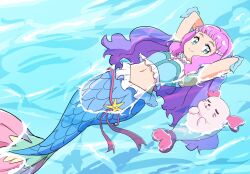 Rule 34 | 1girl, afloat, arms behind head, blue eyes, crop top, fins, fish tail, frills, highres, jewelry, kururun (precure), laura la mer, long hair, lying, mermaid, midriff, monster girl, necklace, on back, partially submerged, pearl necklace, pink hair, precure, seal (animal), sidelocks, sleeveless, tail, tropical-rouge! precure, uraki, water, wavy hair