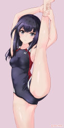 Rule 34 | 1girl, absurdres, agatsuma kaede, alice gear aegis, black hair, black one-piece swimsuit, blunt bangs, breasts, commentary request, competition swimsuit, cowboy shot, grey background, grey eyes, highres, long hair, looking at viewer, medium breasts, one-piece swimsuit, rasen manga, simple background, solo, split, standing, standing on one leg, standing split, swimsuit