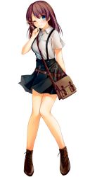 Rule 34 | 1girl, ;), arm at side, bag, belt, black skirt, blue eyes, boots, brown footwear, fene strauss, full body, hair ornament, hair ribbon, hairclip, hand up, handbag, long hair, looking at viewer, official art, one eye closed, patriarch xtasy, pliers, ribbon, screwdriver, shirt, short sleeves, skirt, smile, solo, standing, suspenders, transparent background, utility belt, white shirt, wrench