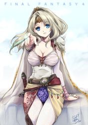 Rule 34 | 1girl, armor, blonde hair, blue eyes, breasts, cape, cleavage, copyright name, final fantasy, final fantasy iv, hair ornament, large breasts, long hair, looking at viewer, pantyhose, parted lips, ponytail, rosa farrell, smile, solo, sono kichi, sword, weapon