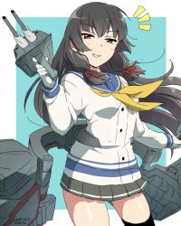 Rule 34 | 10s, ^^^, cannon, commentary request, gloves, grin, hair ribbon, ikeshita moyuko, isokaze (kancolle), kantai collection, long hair, looking at viewer, miniskirt, ribbon, sailor collar, single thighhigh, skirt, smile, solo, surprised, sweater, thighhighs, twintails, white gloves, white sweater