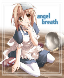 Rule 34 | 1girl, angel breath, apron, breasts, bucket, copyright name, dojikko, eretto, gabriel (angel breath), indoors, looking at viewer, maid, maid apron, medium breasts, pantyhose, running bond, short hair, sitting, solo, spill, wariza, water, wet, white pantyhose, wooden floor
