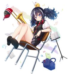 Rule 34 | 1girl, animal, azur lane, bag, baseball cap, beamed sixteenth notes, bird, black footwear, black hair, blue eyes, blush, bow, bowtie, candy, candy wrapper, cardigan vest, chair, chair tipping, chick, closed mouth, eighth note, food, full body, grey skirt, hair between eyes, hat, holding, holding instrument, instrument, lollipop, manjuu (azur lane), multicolored hair, musical note, official alternate costume, official art, on chair, plaid, plaid skirt, pleated skirt, quarter note, red bow, red bowtie, red hat, school bag, school chair, school uniform, sheet music, shirt, shoe soles, shoes, short sleeves, sitting, skirt, smile, solo, streaked hair, torpedo, transparent background, treble clef, trombone, twintails, u-101 (azur lane), u-101 (ironbrass trombonist) (azur lane), unworn hat, unworn headwear, white hair, white shirt, yano mitsuki (nanairo)