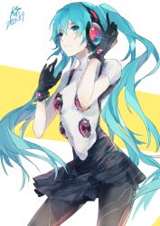 Rule 34 | 10s, 1girl, 2015, absurdres, alternate costume, aqua eyes, aqua hair, dated, gloves, hatsune miku, headphones, highres, long hair, messikid, pantyhose, persona, persona 4: dancing all night, persona dancing, simple background, skirt, solo, striped, striped background, twintails, very long hair, vocaloid