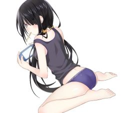 Rule 34 | 10s, 1girl, ass, back, barefoot, black hair, blue panties, blush, breasts, date a live, food, game console, hair over one eye, hairband, legs, long hair, panties, popsicle, profile, purple panties, red eyes, simple background, sitting, solo, tank top, thighs, tokisaki kurumi, twintails, underwear, very long hair, wariza, white background