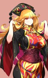Rule 34 | 1girl, black dress, blonde hair, blush, breasts, commentary request, cowboy shot, dress, earrings, hands in hair, hands up, headdress, highres, jewelry, junko (touhou), large breasts, long hair, long sleeves, looking at viewer, neck ribbon, no nose, one-hour drawing challenge, pointy ears, raptor7, red background, red eyes, red sash, ribbon, sash, simple background, solo, standing, tabard, tassel, touhou, very long hair, wide hips, wide sleeves, yellow ribbon