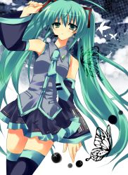Rule 34 | bad id, bad pixiv id, bug, butterfly, detached sleeves, green eyes, green hair, hatsune miku, highres, insect, long hair, matsumiya kiseri, necktie, solo, thighhighs, twintails, very long hair, vocaloid, zettai ryouiki