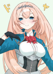 Rule 34 | 1girl, black gloves, blonde hair, blue eyes, blush, closed mouth, cropped jacket, flower, gloves, green background, hairband, kantai collection, long hair, looking at viewer, military, military uniform, mitsuyo (mituyo324), red flower, red ribbon, red rose, ribbon, rose, simple background, smile, smug, solo, tiara, uniform, upper body, victorious (kancolle)