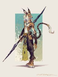 Rule 34 | 1boy, animal ears, arm at side, artist name, barefoot, black pants, body fur, border, cat boy, cat ears, cat tail, claws, commentary, digitigrade, earrings, fewer digits, full body, furry, furry male, green background, green eyes, highres, holding, holding polearm, holding weapon, hoop earrings, jewelry, looking to the side, male focus, medium hair, murayama ryota, necklace, orange fur, original, outside border, pants, pelvic curtain, polearm, signature, simple background, slit pupils, solo, spots, standing, tail, topless male, vambraces, weapon, white hair, yellow border