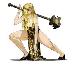 Rule 34 | 1girl, absurdres, armlet, bare shoulders, black dress, black footwear, blonde hair, bracelet, braid, breasts, chinese commentary, circlet, cleavage, commentary request, crown, dress, elden ring, full body, gold belt, gold bracelet, gold circlet, gold crown, gold diadem, hair over one eye, hammer, high heels, highres, holding, holding hammer, jewelry, large breasts, long hair, looking at viewer, metal belt, miao jiangyou, necklace, one eye covered, open mouth, queen marika the eternal, robe, side split, simple background, sleeveless, solo, white background, yellow eyes