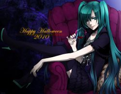 Rule 34 | 10s, 1girl, 2010, alcohol, boots, chimachi, cup, drinking glass, hair over one eye, halloween, happy halloween, hatsune miku, long hair, sitting, smile, solo, thigh boots, thighhighs, twintails, very long hair, vocaloid, wine, wine glass, zettai ryouiki