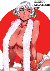 Rule 34 | 10s, 1girl, 2015, aqua eyes, areola slip, black beat, blue eyes, breasts, cleavage, collarbone, dark-skinned female, dark skin, dated, english text, feather boa, gloves, happy new year, horns, huge breasts, large breasts, leaning forward, light smile, lips, lipstick, makeup, mole, mole on breast, mole under mouth, new year, original, parted lips, sheep horns, short hair, short shorts, shorts, silver legwear, sitting, solo, thighhighs, white hair, white thighhighs, wide hips, zettai ryouiki