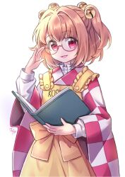 Rule 34 | 1girl, adjusting eyewear, apron, bell, book, checkered clothes, checkered kimono, clothes writing, commentary request, english text, glasses, hair bell, hair ornament, highres, holding, holding book, japanese clothes, jingle bell, kimono, light blush, long sleeves, looking at viewer, miy 001, motoori kosuzu, open book, open mouth, orange hair, red eyes, signature, smile, solo, touhou, twintails, two side up, wide sleeves, yellow apron