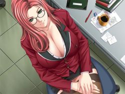 Rule 34 | 00s, 1girl, breasts, business suit, chair, cleavage, cleavage (game), desk, dutch angle, formal, game cg, glasses, green eyes, huge breasts, ichinose sayaka, jpeg artifacts, large breasts, long hair, miniskirt, office, pencil skirt, red hair, sei shoujo, sitting, skirt, skirt suit, smile, solo, suit, teacher, thighhighs, zettai ryouiki