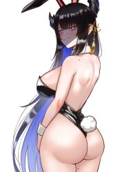 Rule 34 | 1girl, animal ears, ass, back, bare shoulders, black hair, breasts, cipher4109, colored inner hair, commentary, cowboy shot, english commentary, from behind, hair ornament, heart, heart-shaped pupils, highres, hololive, hololive english, large breasts, leotard, long hair, looking at viewer, looking back, mole, mole on shoulder, mole on thigh, mole under eye, multicolored hair, nerissa ravencroft, playboy bunny, rabbit ears, rabbit tail, shaded face, sideboob, simple background, smug, solo, symbol-shaped pupils, tail, very long hair, virtual youtuber, white background