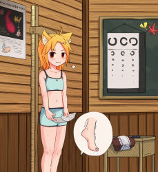 Rule 34 | 1girl, ahoge, animal ear fluff, animal ears, bike shorts, blonde hair, blue bra, blue shorts, blush, bra, brown vest, closed mouth, commentary request, cookie (touhou), eye chart, feet out of frame, fox ears, fox girl, hair ornament, hairpin, height chart, height conscious, holding, indoors, landolt c, looking at viewer, medium hair, miramikaru riran, navel, no tail, red eyes, shirt, unworn shirt, shorts, smile, solo, stadiometer, tiptoes, translation request, underwear, vest, white shirt, yan pai