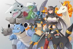 Rule 34 | 1girl, aggron, arms under breasts, black gloves, black hair, blastoise, blue sclera, breasts, brown eyes, closed mouth, colored sclera, creatures (company), crossed arms, crossover, elbow gloves, fire, game freak, gen 1 pokemon, gen 2 pokemon, gen 3 pokemon, gen 4 pokemon, gloves, grey background, headgear, kantai collection, large breasts, long hair, lucario, machi (ritovoyage), nagato (kancolle), nagato kai ni (kancolle), nintendo, open mouth, partially fingerless gloves, pleated skirt, pokemon, pokemon (creature), rapidash, red eyes, red sclera, roserade, simple background, skirt, twitter username, umbreon, very long hair, white skirt
