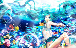 Rule 34 | 1girl, bad id, bad pixiv id, barefoot, blue hair, bubble, coral, crop top, cropped legs, female focus, fish, foreshortening, freediving, from behind, hatsune miku, highres, long hair, looking at viewer, looking back, microskirt, miturousoku, outdoors, panties, pleated skirt, skirt, solo, swimming, twintails, underwater, underwear, very long hair, vocaloid