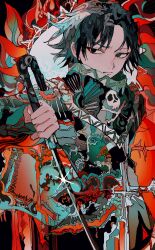 Rule 34 | 1boy, absurdres, asian, black hair, feitan portor, frown, highres, holding, holding sword, holding weapon, hunter x hunter, long sleeves, looking at viewer, male focus, patterned clothing, patterned hair, short hair, skull print, solo, sword, umbrella sword, weapon, yadu nadu