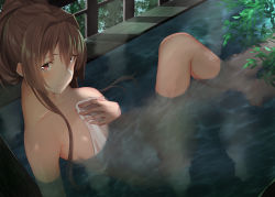 Rule 34 | 1girl, bad id, bad pixiv id, bathing, blush, breasts, brown hair, check commentary, closed mouth, collarbone, commentary request, covering privates, day, foliage, from above, hair between eyes, hair intakes, hair over breasts, hand on own chest, kantai collection, large breasts, leg up, lips, long hair, looking at viewer, lying, naked towel, nude, nude cover, onsen, pallad, partially submerged, plant, ponytail, pool, purple eyes, refraction, sidelocks, solo, towel, very long hair, wet, window, yamato (kancolle)