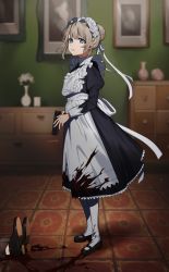 Rule 34 | 1boy, 1girl, alternate costume, alternate hairstyle, apron, blonde hair, blood, blood on clothes, blue eyes, braid, braided bun, chest of drawers, corpse, dress, dress shoes, enmaided, flower, frilled dress, frills, full body, gun, hair bun, highres, holding, holding gun, holding weapon, idolmaster, idolmaster shiny colors, implied murder, indoors, looking at viewer, maid, maid apron, maid headdress, mary janes, painting (object), pantyhose, serizawa asahi, shoes, short hair, single hair bun, standing, vase, weapon, yami ga fukami