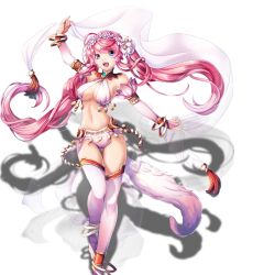 Rule 34 | 1girl, arabian clothes, arm up, blue eyes, bracelet, breasts, cleavage, floating hair, hair ornament, happy, jewelry, legs, long hair, looking at viewer, open mouth, pink hair, revealing clothes, sacred sword princesses, smile, solo, standing, tail, thighhighs, thighs, transparent background, twintails