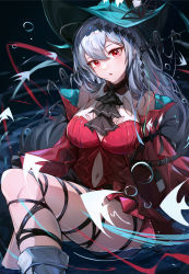 Rule 34 | 1girl, :o, absurdres, arknights, blue hat, chinese commentary, clothing cutout, commentary, dress, hair between eyes, hat, highres, long hair, looking at viewer, navel, navel cutout, partially submerged, red dress, red eyes, short dress, skadi (arknights), skadi the corrupting heart (arknights), solo, water, white hair, yepo