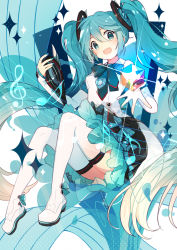 Rule 34 | 1girl, aqua eyes, aqua hair, black skirt, boots, cube, detached sleeves, full body, fuuko (2679566944), glint, hair between eyes, hands up, hatsune miku, holding, long hair, looking at viewer, musical note, open mouth, quaver, semiquaver, sheet music, sidelocks, sitting, skirt, smile, solo, sparkle, tareme, thigh boots, thighhighs, treble clef, twintails, very long hair, vocaloid, white footwear, white thighhighs