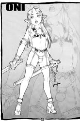 Rule 34 | 1boy, bulge, elbow gloves, english text, garter belt, gloves, greyscale, high heels, highres, horns, long hair, male focus, monochrome, open mouth, original, panties, po-ju, pointy ears, scabbard, scan, sheath, shoes, signature, single horn, solo, standing, sword, thighhighs, trap, underwear, weapon, zoom layer