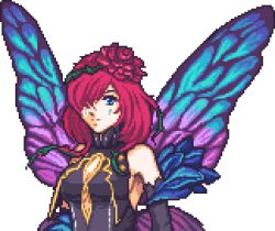 Rule 34 | bare shoulders, blue eyes, breasts, commission, facing viewer, fairy, fairy wings, fire emblem, fire emblem heroes, flower, hair flower, hair ornament, hair over one eye, looking at viewer, lowres, lunar dignity, medium breasts, nintendo, pixel art, purple hair, second-party source, sprite art, triandra (fire emblem), upper body, wings