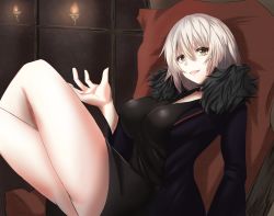 Rule 34 | 1girl, absurdres, ass, black coat, black dress, breasts, coat, crossed legs, dress, fate/grand order, fate (series), fur-trimmed coat, fur trim, highres, jeanne d&#039;arc (fate), jeanne d&#039;arc alter (fate), jeanne d&#039;arc alter (ver. shinjuku 1999) (fate), large breasts, official alternate costume, open clothes, open coat, open mouth, pillow, refrain gg, short dress, short hair, silver hair, sitting, thighs, wicked dragon witch ver. shinjuku 1999, yellow eyes