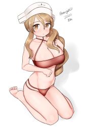 Rule 34 | 1girl, absurdres, barefoot, bikini, breasts, brown eyes, brown hair, cleavage, criss-cross halter, full body, halterneck, highres, kantai collection, large breasts, littorio (kancolle), long hair, maru (marg0613), one-hour drawing challenge, ponytail, red bikini, simple background, sitting, solo, swimsuit, wariza, wavy hair, white background, white headwear