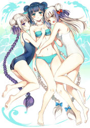 Rule 34 | 3girls, :o, angry, aqua bikini, aqua eyes, arched back, artistic error, ass, back, bad id, bad pixiv id, bandeau, bare legs, bare shoulders, barefoot, bikini, black hair, black one-piece swimsuit, blue hair, blue one-piece swimsuit, blush, bow, braid, breasts, collarbone, double bun, fang, feet, female focus, fff threesome, girl sandwich, gradient background, group hug, group sex, hair bobbles, hair bow, hair bun, hair ornament, hair ribbon, haku (p&amp;d), highres, hime cut, hug, knees together feet apart, legs, leotard, long hair, looking at viewer, lying, midriff, multicolored hair, multiple girls, multiple persona, navel, neck, okotoburi, on back, on side, one-piece swimsuit, open mouth, purple eyes, puzzle &amp; dragons, ribbon, sandwiched, selfcest, serious, shy, single hair bun, strapless, strapless bikini, swimsuit, threesome, tube top, twin braids, two-tone hair, very long hair, white hair, white one-piece swimsuit, yellow eyes, yuri