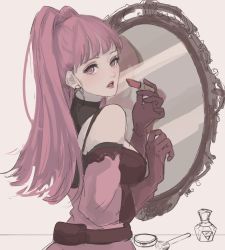 Rule 34 | 1girl, black dress, blunt bangs, blush, bottle, breasts, chikefu, detached sleeves, dress, earrings, female focus, fire emblem, fire emblem: three houses, gloves, hair ornament, hairband, heart, heart hair ornament, highres, hilda valentine goneril, hoop earrings, jewelry, large breasts, lips, lipstick, long hair, looking at viewer, looking back, makeup, matching hair/eyes, mirror, nintendo, perfume bottle, pink eyes, pink hair, ponytail, red gloves, simple background, solo focus, white background