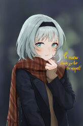 Rule 34 | 1girl, alternate costume, black hairband, black jacket, brown sweater, commentary, commission, english commentary, flat chest, green eyes, grey hair, hairband, highres, jacket, kamishiro rita, looking at viewer, looking to the side, non09 24, plaid, plaid scarf, prism project, red scarf, scarf, short hair, skeb commission, sleeves past wrists, smile, solo, sweater, upper body, virtual youtuber